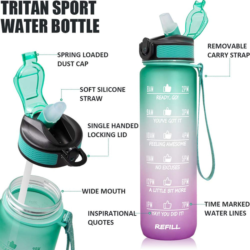 32 oz Motivational Water Bottle with Time Marker & Straw - BPA Free & Leakproof Tritian Frosted Portable Reusable Fitness Sport 1L Water Bottle for Men Women Kids Student to Office School Gym Workout A1.Ombre: Mermaid - BeesActive Australia