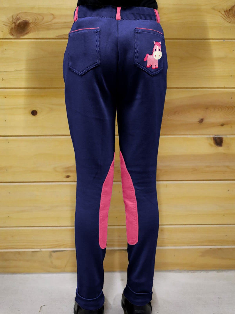 One Stop Equine Shop BasEQ Emma Children's Two-Tone Pull On Embroidered Cartoon Horse Jodhpurs Navy/Pink 6 - BeesActive Australia