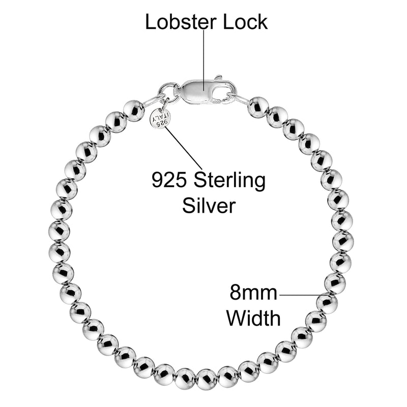 Savlano 925 Sterling Silver Handmade Bead Ball Strand Chain Bracelet For Women & Girls - Made in Italy Comes With a Gift Box 7.5 Inches 8MM - BeesActive Australia