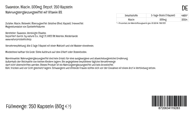 Swanson, Niacin, 500mg, Depot, Every 10 Days 1 Capsule, 250 Capsules, High Dose, Lab-Tested, Soy Free, Gluten Free, Non GMO - BeesActive Australia
