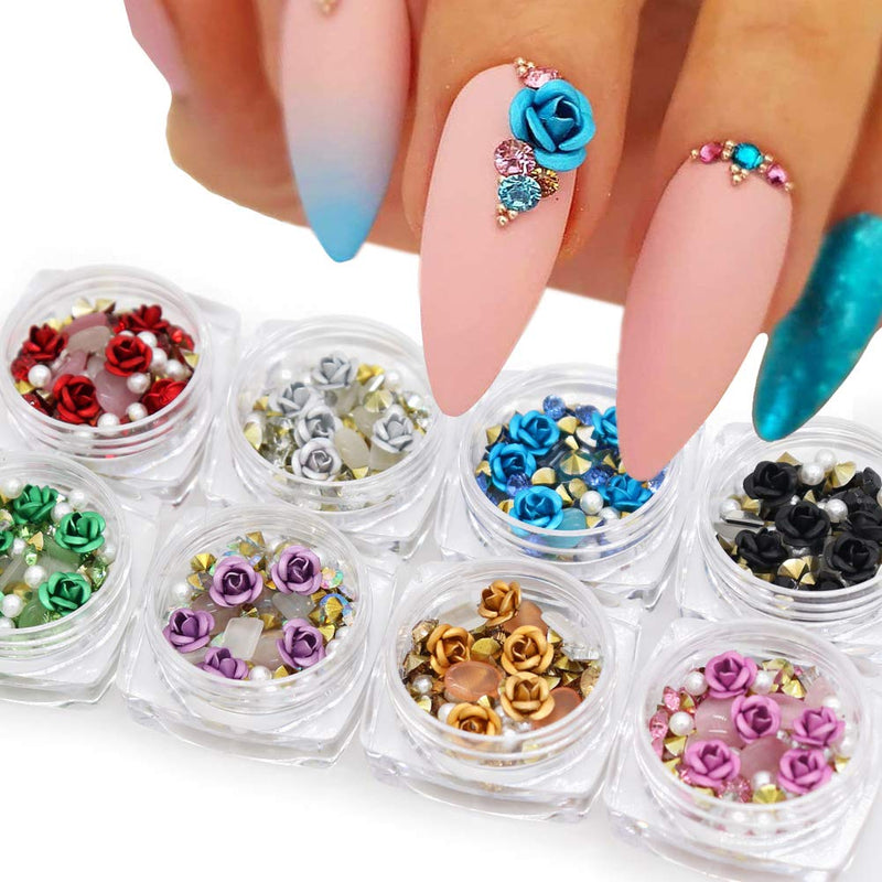 Eternelle 8 Boxes Nail Art 3D Rose Rhinestones Set, Mixed Gems Metal Flower Charms Pearl for Nail Decoration Women Girl DIY Nail Design Craft Decoration - BeesActive Australia