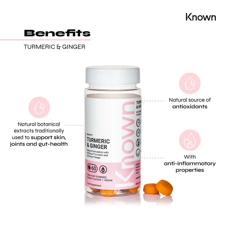 Vegan Turmeric & Ginger Vitamin Gummies by Known Nutrition | 60 Two-a-Day Gummies (One Month�s Supply) | Vegan Food Supplement with Natural Botanical Extract | 100% Natural Peach Flavoured 1 - BeesActive Australia