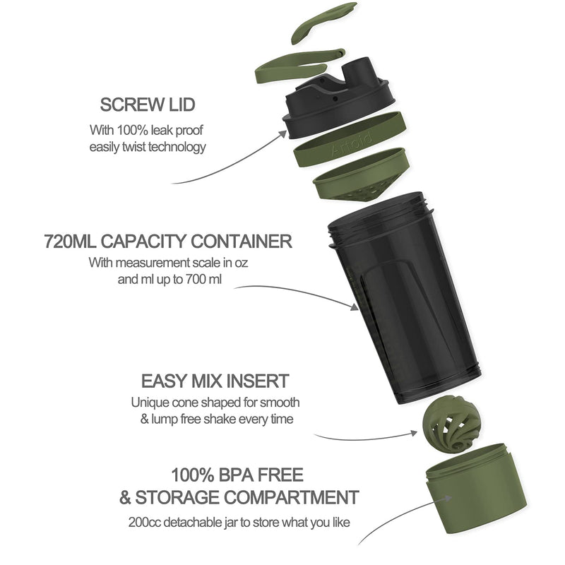 Artoid Mode 720ml Inspirational Sports Fitness Workout Protein Shaker Bottle with Twist and Lock Protein Box Storage, Dual Mixing Technology with Shaker Balls & Mixing Grids - BPA Free Black/Moss Green - BeesActive Australia