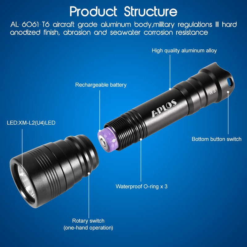 APLOS AP11 Diving Flashlight XM-L2 LED 1050 Lumen Scuba Dive Light, IPX8 Waterproof Underwater 150m 492ft Professional Submersible Light with Rechargeable Batteries and Charger - BeesActive Australia