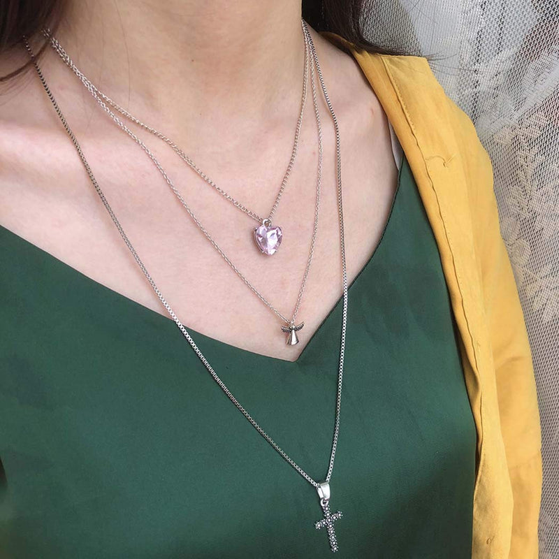 Ajacry Boho Cross Pendant Necklace Gold Crystal Layered Necklace Chains Angel Neckalces for Women and Girls - BeesActive Australia