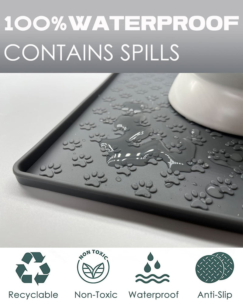 Silicone Dog Cat Food Mat, Waterproof Slip Resistant Raised Edge Pet Feeding Mats, Pet Bowl Mat Anti-Messy and Prevent Spill on Floor, Dishwasher Safe M: 18.9" X 11.8" Grey - BeesActive Australia