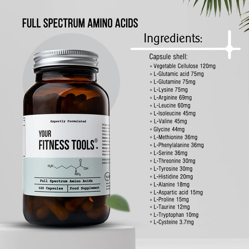 Your Fitness Tools Vegan Full Spectrum Amino Acids | 120 x Free Form Amino Acids Vegan Protein Capsule | BCAA Capsules Supports Muscle Repair, Muscle Building | Made in The UK - BeesActive Australia