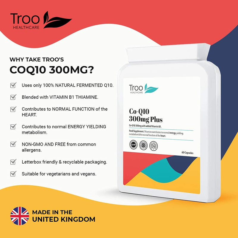 CoQ10 Supplement 300mg Plus - 60 Capsules - High Strength Trans Form Co Enzyme Q10 Enhanced with Vitamin B1 to Support Healthy Heart Function and Energy Metabolism - 2 Month Supply - UK Made - BeesActive Australia
