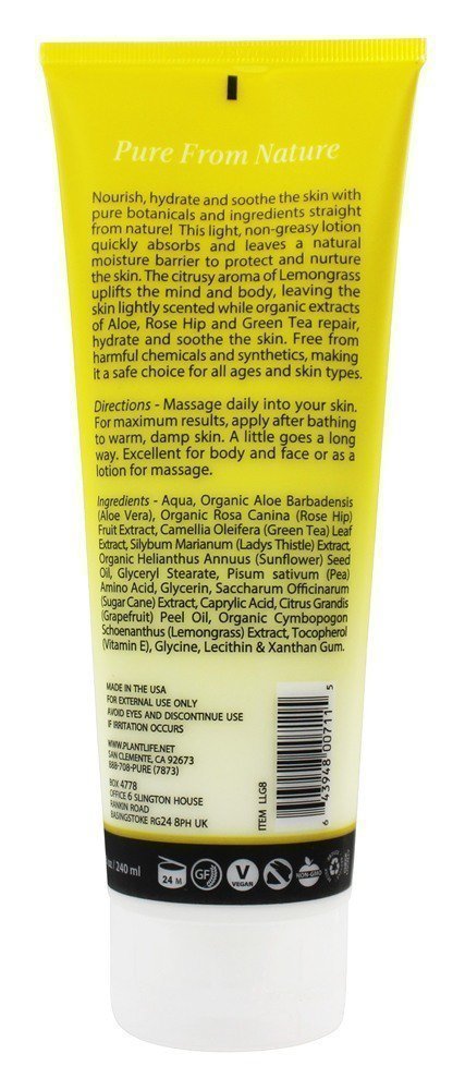 Plantlife Lemongrass Body Lotion (8 oz) Made with organic ingredients & 100% pure essential oils - BeesActive Australia