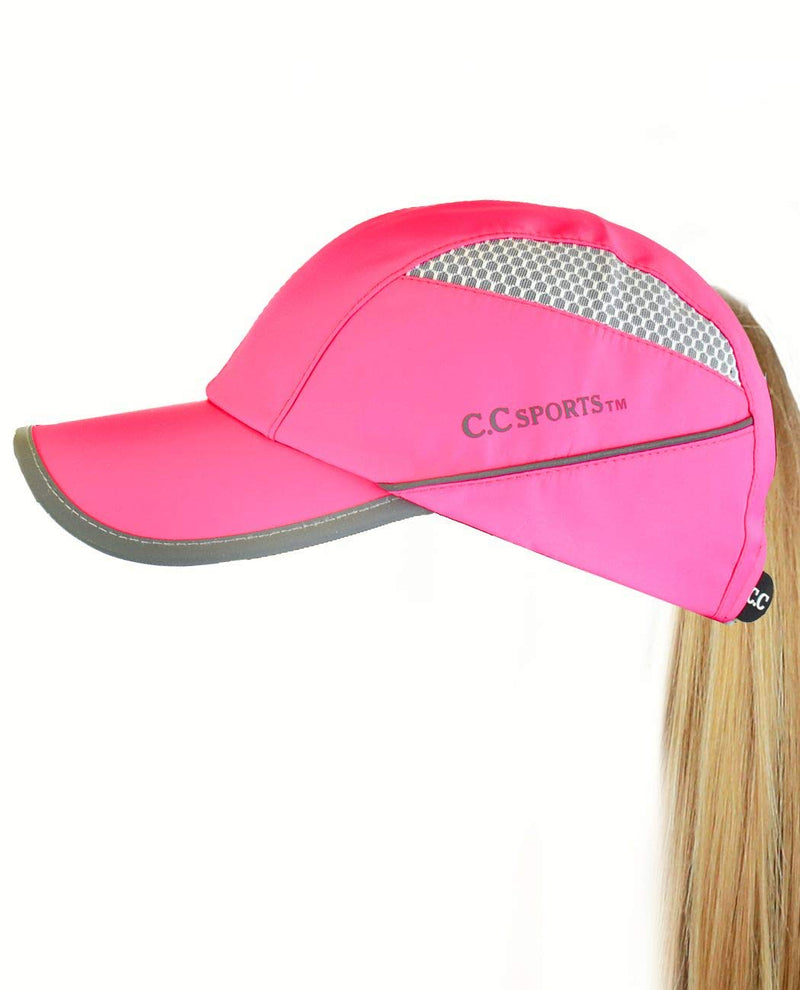 C.C Ponycap Messy High Bun Ponytail Water Resistant Adjustable Mesh Reflective Sporty Baseball Cap Hot Pink - BeesActive Australia
