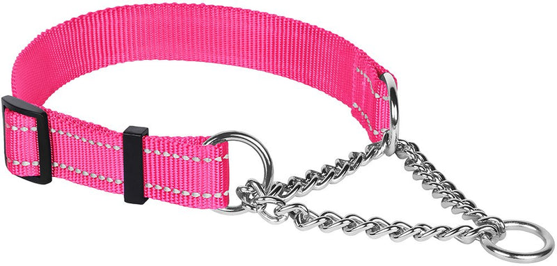 CollarDirect Martingale Dog Collar Training Adjustable Stainless Steel Chain Reflective Nylon Pet Collars for Medium Large Dogs M, Neck Fit 14"-20" Pink - BeesActive Australia