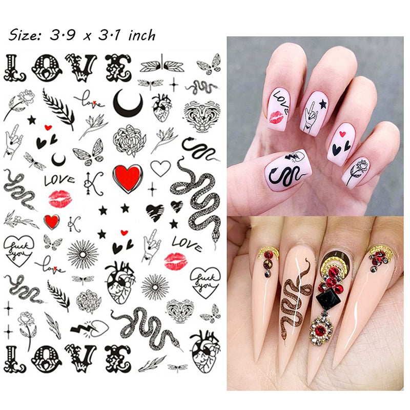 Nail Art Stickers Decals 3D Nail Art Supplies Sunflower Snake Heart Tiger Butterfly Nail Decals for Nail Art Design Self Adhesive Luxury Designer Nail Stickers for Nails Art Decoration (8 Sheets) A-3 - BeesActive Australia