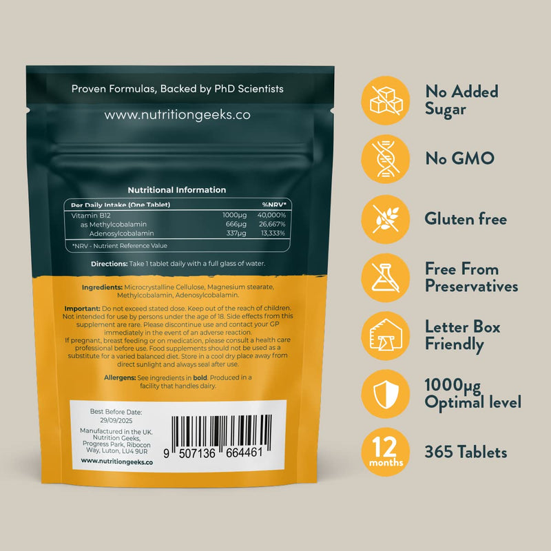 Vitamin B12 Tablets High Strength - 1 Year Supply (365 Tablets) - 1000mcg Dual Power B12 Vitamin Complex with Methylcobalamin & Adenosylcobalamin - Vegan B12 Supplement - Energy Support - UK Vit B12 - BeesActive Australia