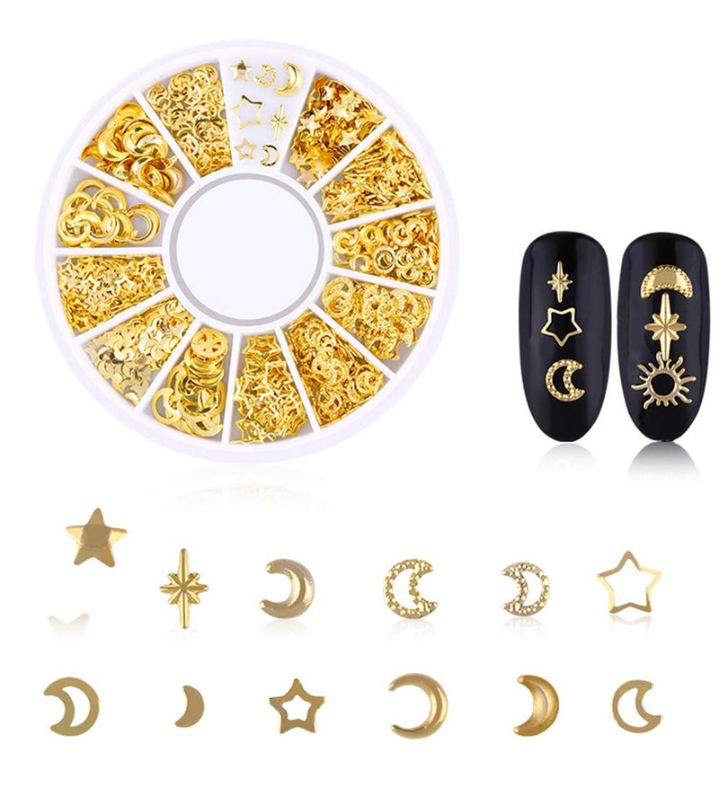 Gold Nail Art Studs 3D Nail Supplies Nail Rivet Set Mixed Metal Jewels Nail Accessories with Star Moon Sun Flowers Punk Seaside Hollow Design Gems Rhinestones for Women Nail Decorations 6 Boxes - BeesActive Australia