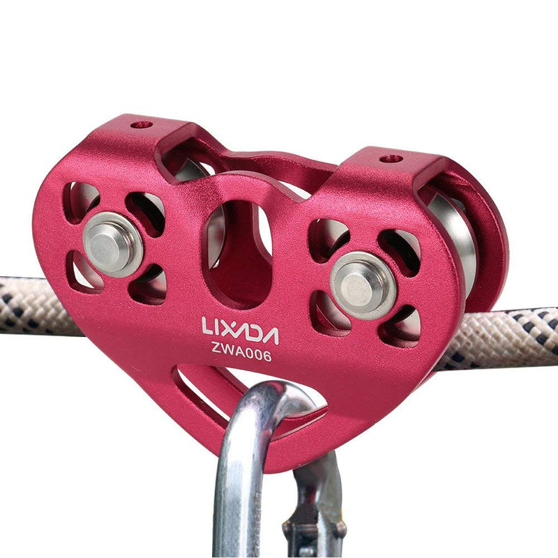 Lixada Climbing Pulley Zip Line Pulley 20kN Bearing Mobile Pulley with 25kN Screw Locking Carainber for Rigging Climbing Burgundy - BeesActive Australia