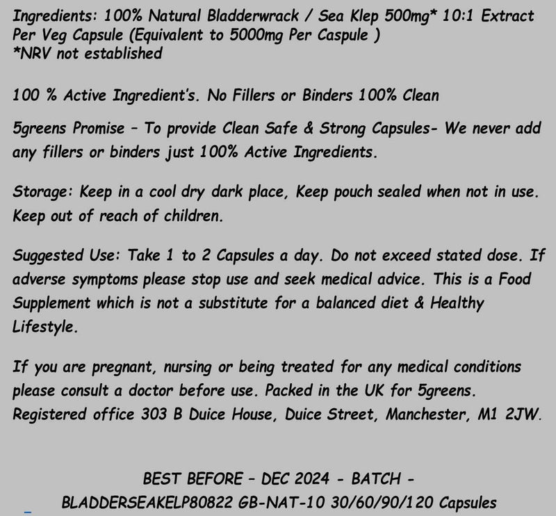 Bladderwrack/Sea Kelp 500mg 10:1 Vegan Capsules Equivalent to 5000mg Strong Effective Capsules 100% Clean & Natural (90) 90 - BeesActive Australia