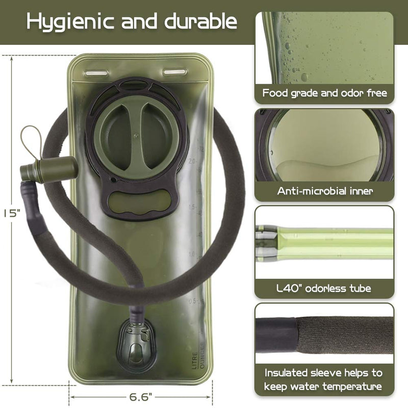 Hydration Bladder 2L Leakproof 2 Liter Water Reservoir, BPA Free Military Green Water Storage Bladder Bag with Insulated Tube, Hydration Backpack Replacement for Outdoor Hiking Camping Running Cycling 2 Liter hydration bladder (Green) - BeesActive Australia