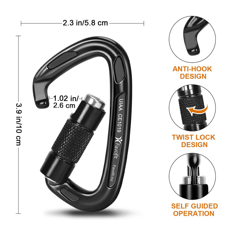 Favofit UIAA Certified Climbing Carabiners, 3 Pack, 25KN (5620 lbs) Heavy Duty Large Locking Carabiner Clips for Rock/Ice Climbing Rappelling Rescue Swing etc, Black - BeesActive Australia