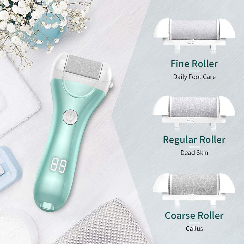 Electric Callus Remover, RUEOO Rechargeable Electronic Feet File Hard Skin Remover IPX7 Waterproof Pedicure Tool for Cracked Heels and Dead Skin, with 3 Coarse Roller Heads Foot Rasp Green - BeesActive Australia