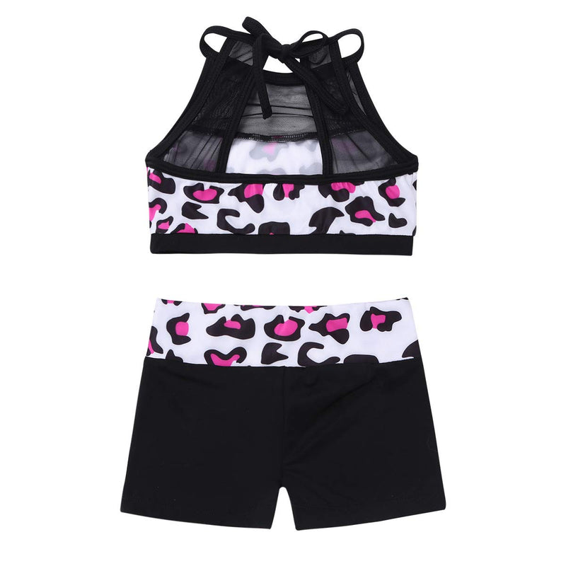 [AUSTRALIA] - ranrann Kids Girls 2PCS Mesh Leopard Ballet Dance Gymnastic Unitard Halter Athletic Tank Top with Bottoms Set Rose Red 5 / 6 