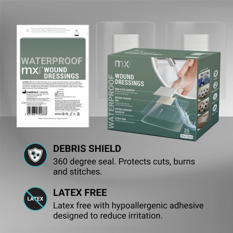 mx HEALTH Waterproof Wound Dressing Film+PAD - 10X12CM (5X6CM Wound PAD) - 25 Individually Wrapped DRESSINGS PER Box - BeesActive Australia
