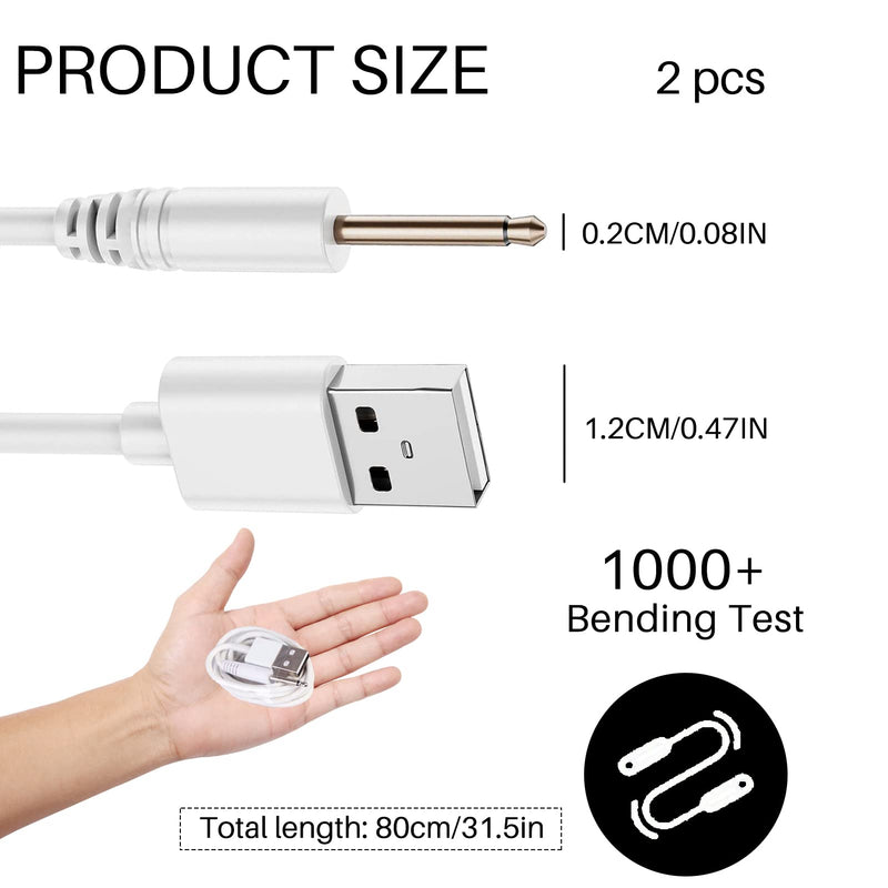 2PCS Charging Cables, Fast-Charging Replacement Wand Charger, 80cm(2.6ft) Portable USB to 2.5mm DC Vibrator Charger, Suitable for Wireless Bluetooth Vibrator, Wand Vibrator, Long-term Use (White) - BeesActive Australia