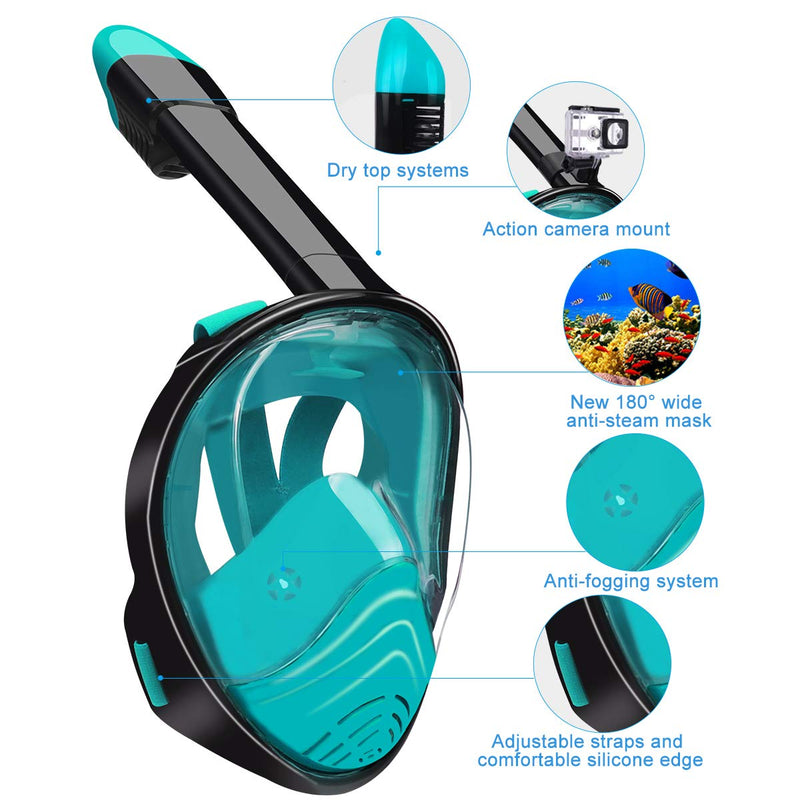 [AUSTRALIA] - QingSong Full Face Snorkel Mask, Snorkeling Mask with Detachable Camera Mount, 180 Degree Panoramic View Anti-Fog Anti-Leak Snorkel Set for Kids & Adult Black/Green Small 
