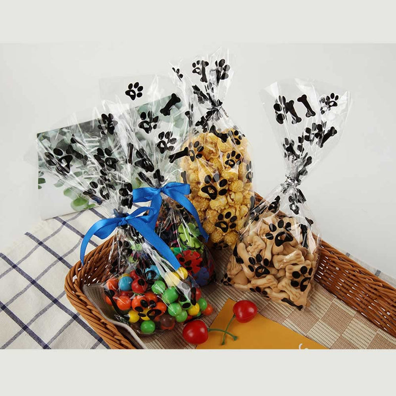 Mosoisy 100 Pack Paw Print Clear Plastic Cellophane Bags - Dog Paw Treat Bags 10.5X5" With Ribbon and Twist Ties Dog Gift Bags Candy Bags Cookie Bags Treat Bags with Ties and Ribbon Cellophane Treat Bags for Dog Party Favor and Supplies - BeesActive Australia