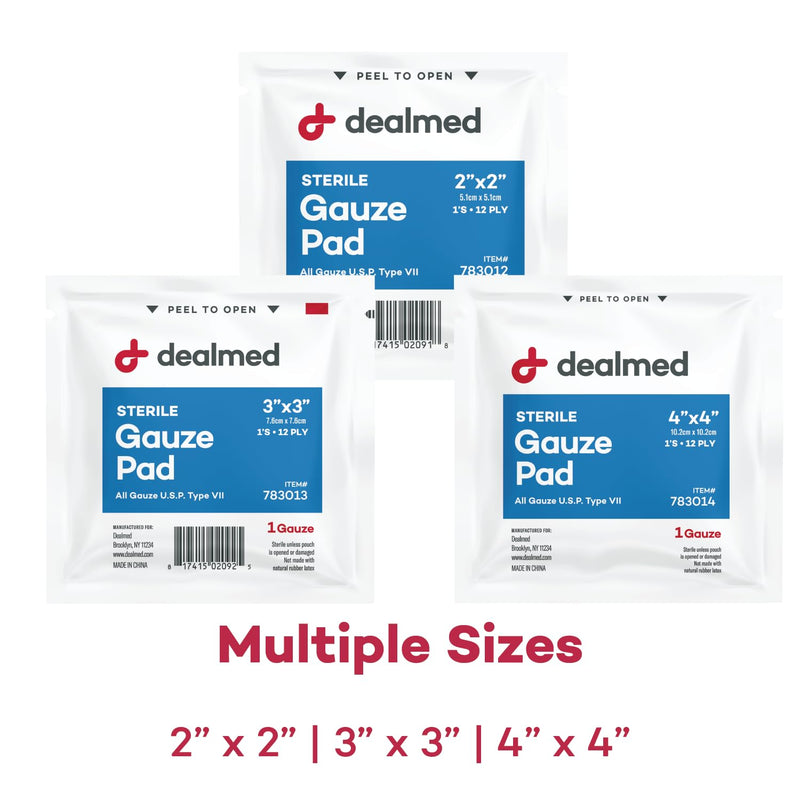 Dealmed Sterile Gauze Pads – 100 Count, 2’’ x 2’’ Disposable and Individually Wrapped Gauze Pads, Wound Care Product for First Aid Kit and Medical Facilities 2x2 Inch (Pack of 100) - BeesActive Australia