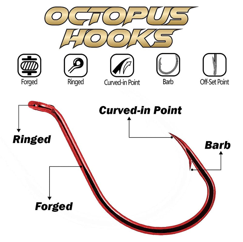 Octopus-Hook-Fishing-Beak-Circle-Hooks-Freshwater-Red-Black-100-50 Pack 1-Red 1/0 50-Pack - BeesActive Australia