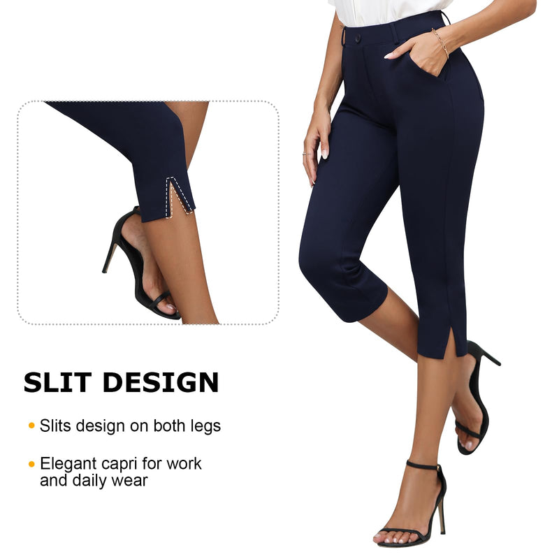 Aleture Women's Pull on Capri Dressy Office Pants, Stretch Yoga Pants Work Capri Slacks Pants Business Casual 21.5" 4 Navy - BeesActive Australia
