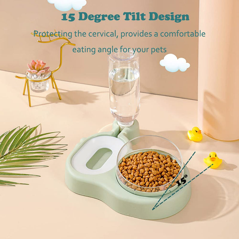 Double Dog Cat Bowls Water and Food Bowl Set, 15° Tilted Raised Cat Bowls with Automatic Water Dispenser Bottle and Detachable Cat Dish, Pet Feeder for Small or Medium Size Dogs Cats Puppy Kitten Rabbit 2 in 1 Bowls Green - BeesActive Australia