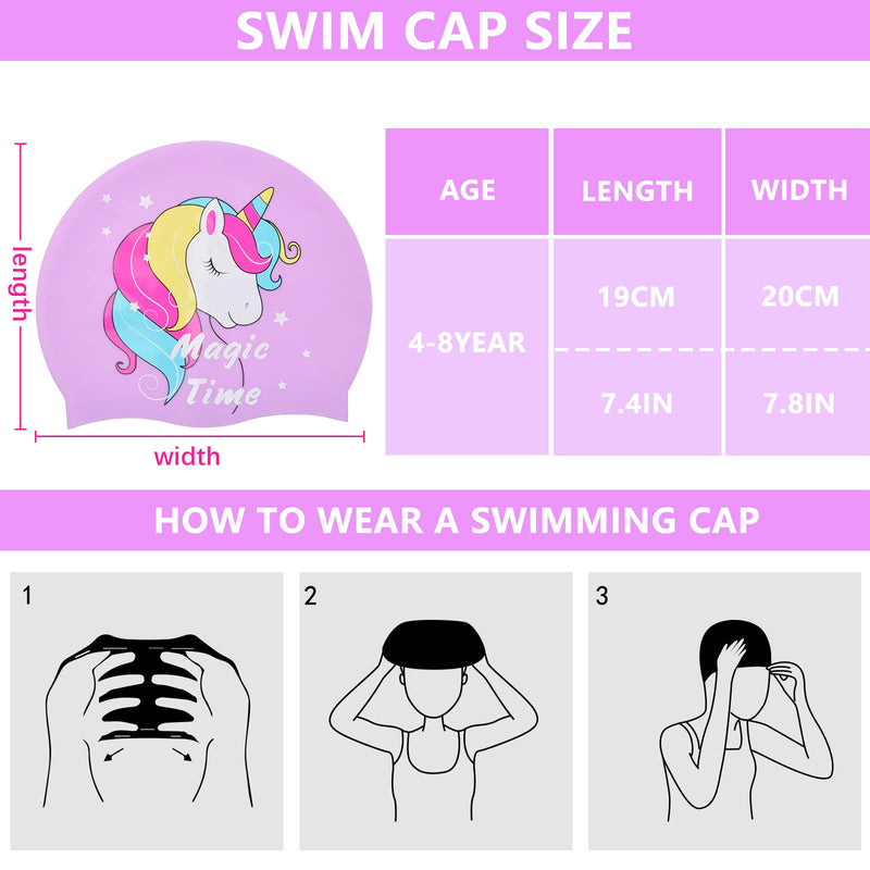 Kids Swim Caps for Girls (Age 3-7), Durable Waterproof Silicone Swimming Cap for Short Hair with Swimming Goggles, Ear Plug and Nose Clip Purple - BeesActive Australia