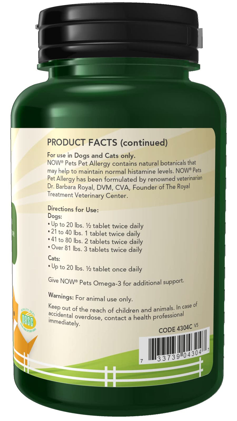 NOW Pet Health, Pet Allergy Supplement, Formulated for Cats & Dogs, NASC Certified, 75 Chewable Tablets - BeesActive Australia