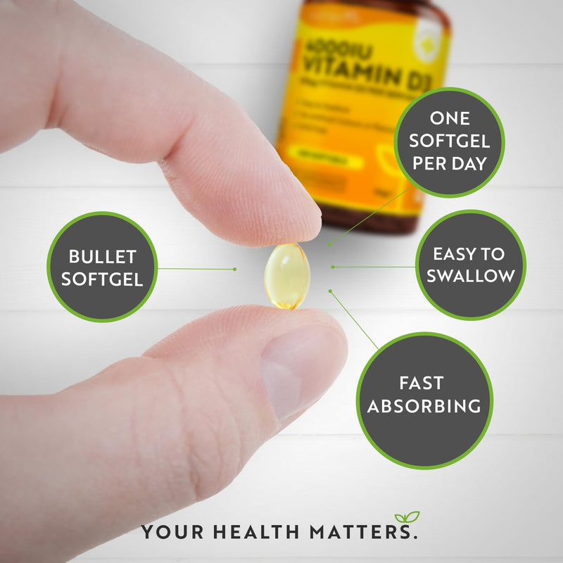 Vitamin D3 4000 iu - 400 High Strength Easy to Swallow Premium Softgels - Over A Year's Supply (One a Day) - Max Strength Vitamin D3 Cholecalciferol Supplement - Manufactured in The UK by Nutravita - BeesActive Australia