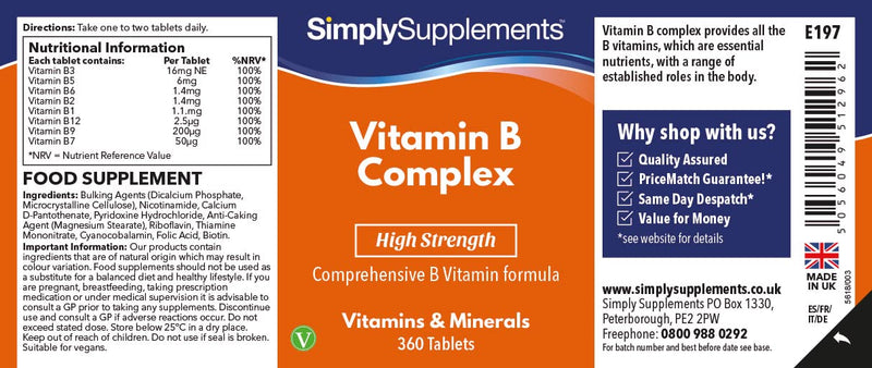 Vitamin B Complex Tablets | High Strength Premium Formulation Includes All 8 B Vitamins, including Biotin & Folic Acid | Vegan & Vegetarian Friendly | Supports Brain Function & Energy Levels | 360 Tablets | Manufactured in the UK - BeesActive Australia
