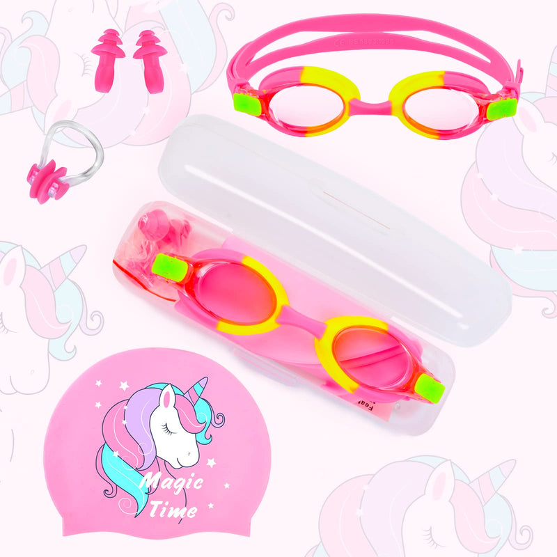 AuSletie Silicone Swim Caps for Kids Girls Aged 4-8, Unicorn Waterproof Swimming Caps Bathing Caps with Goggles Ear Plugs Nose Clip for Short/Long Hair - BeesActive Australia