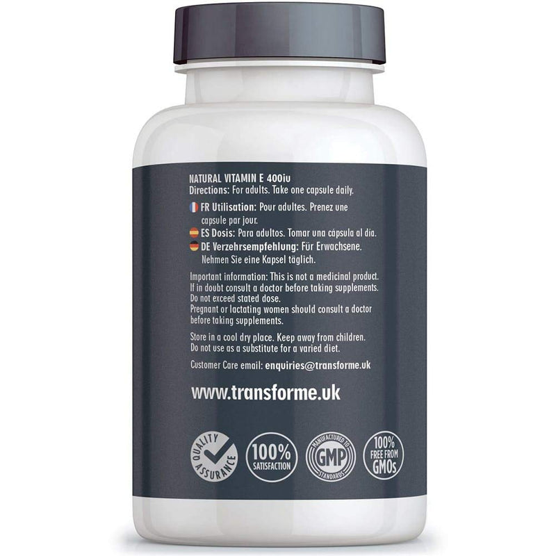 Transforme Vitamin E Capsules 400iu Natural Source, 180 Softgels, Natural Liquid D-Alpha Tocopherol, Higher Absorption Than Tablets, 6 Month Supply - BeesActive Australia