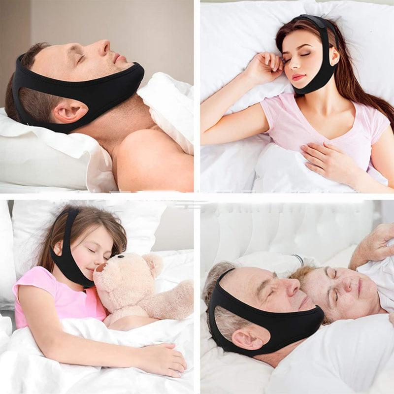Anti Snoring Chin Strap Stop Snoring Aids Breathable Stop Snore Chin Strap Snoring Solution Snore Stopper Adjustable Anti Snoring Belt Stop Snoring Device for Men, Women, CPAP Users, Mouth Breather Black - BeesActive Australia
