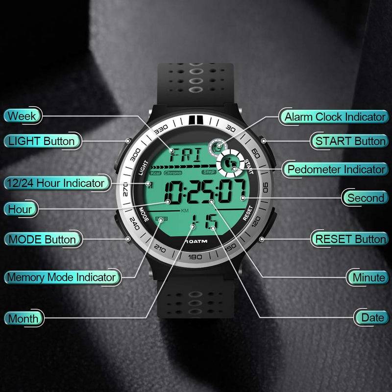 Men Watch Pedometer Underwater Diving Watch 10 ATM Waterproof with Lap Stopwatch and Alarm Clock Function, 12/24 Hour Format Selectable - BeesActive Australia