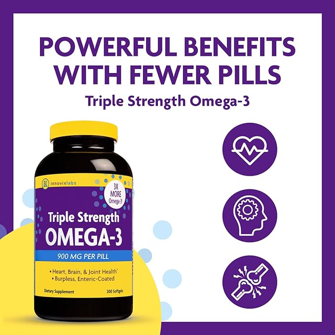 InnovixLabs Triple Strength Omega-3, 200 Capsules, Concentrated Fish Oil, 900 mg Omega-3 per Pill, Enteric Coated, Odorless & Burp-Free, GMO-Free, Gluten-Free, InnovixLabs Omega-3 Fish, Omega-3 Triple - BeesActive Australia
