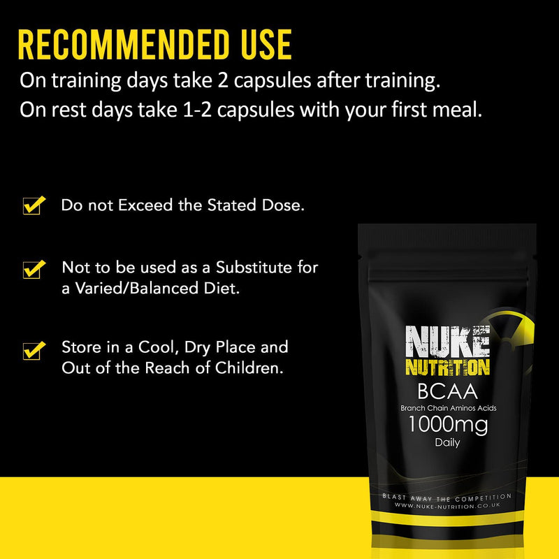 Nuke Nutrition BCAA Capsules | 120 Capsules 1000mg | Advanced Essential Amino Acids Supplement to Build Lean Muscle | Boost Recovery, Muscle Building & Growth | Leucine, Isoleucine & Valine | Vegan 120 Count (Pack of 1) - BeesActive Australia