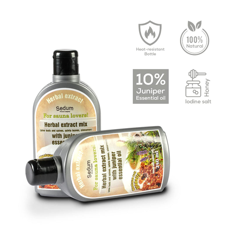 Sedum Natural Herbal Extract for Sauna, Massage, Broom Soaking - Herbal Sauna Extract Mix (Pine Buds and spines, salvia Leaves, Cinnamon) with Juniper Essential Oil, Honey and Iodine Salt - 240ml Pine Buds and Spines, Salvia , Cinnamon, Juniper - BeesActive Australia