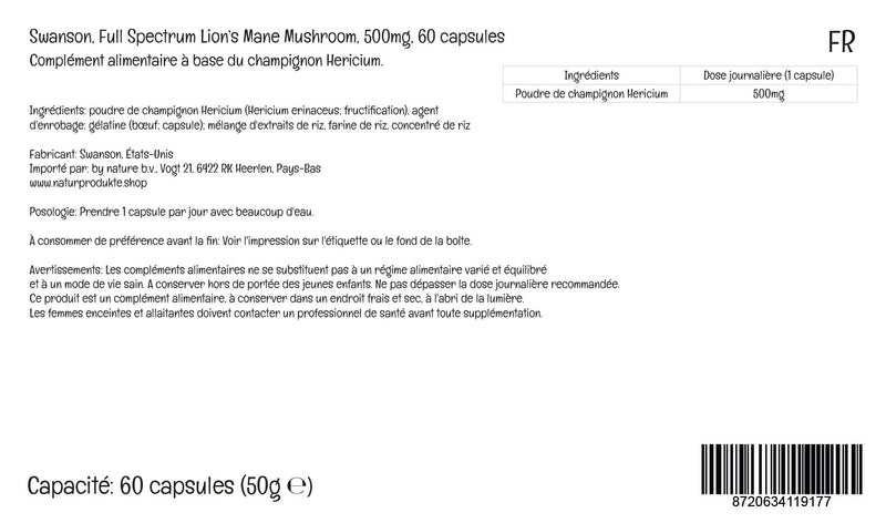 Swanson, Full Spectrum Lion's Mane Mushroom (Hericium Erinaceus Mushroom), 500mg, 60 Capsules, Lab-Tested, Soy Free, Gluten Free, Non-GMO - BeesActive Australia
