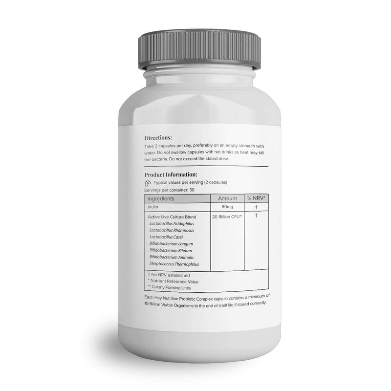 Hey Nutrition Probiotic Complex Supplement - 20 Billion CFU - Suitable for Vegetarians & Vegans - Supports Gut & Skin Health, Improves Immune Response - UK Manufactured - 60 Vegan Capsules 60 Count (Pack of 1) - BeesActive Australia