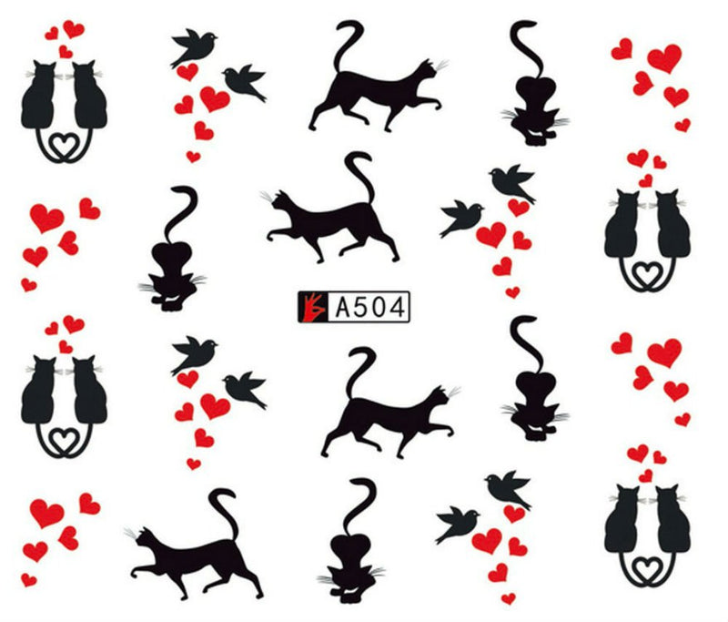 AKOAK 12 Sheets Cute Cat Pattern Watermark Designs Nail Art Stickers Water Transfer Decals Beauty Nails for Nail Art Design - BeesActive Australia