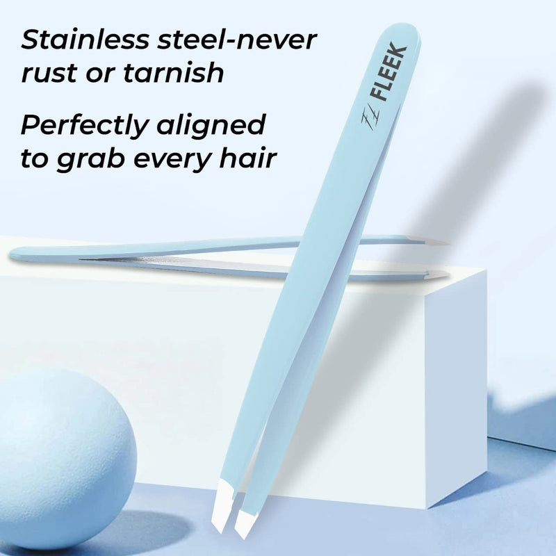 Fleek Eyebrow Tweezers Professional Best Stainless Steel Precision Tweezers Slanted Tweezers for Facial Hair Women & Men (Sky Blue) Sky Blue - BeesActive Australia