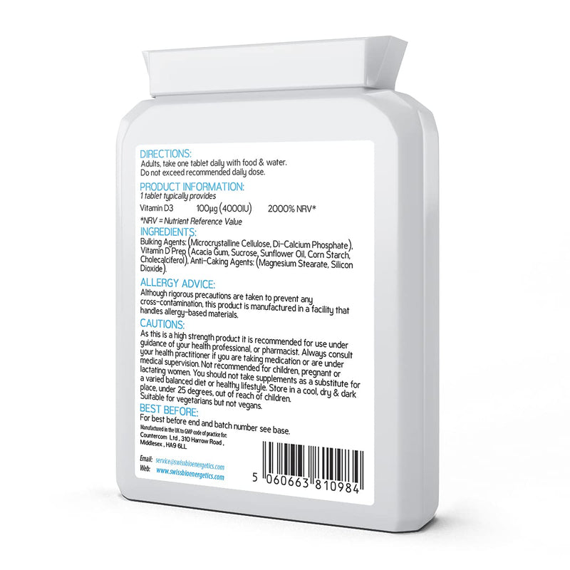 Vitamin D3 100µg ( 4000 IU ) 365 Micro-Tablets – one-a-Day Easy to Swallow high Strength Tablets – Exclusively Manufactured in The UK - BeesActive Australia