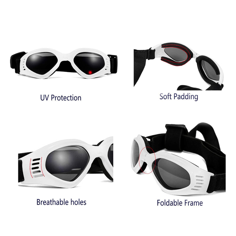 Vevins Dog Goggles Sunglasses UV Protective Foldable Pet Sunglasses Adjustable Waterproof Eyewear for Cat Dog White - BeesActive Australia