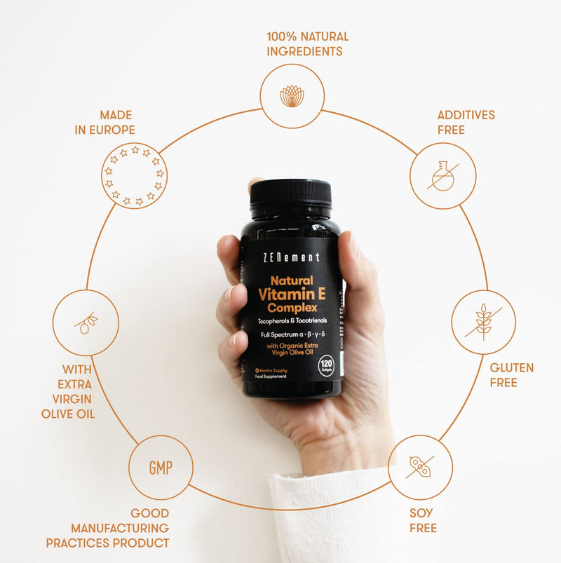 Natural Vitamin E Complex, Tocopherols & Tocotrienols, 120 Softgels | with Organic Extra Virgin Olive Oil | Full Spectrum | Antioxidant | 100% Natural Ingredients, Soy Free | Zenement - BeesActive Australia